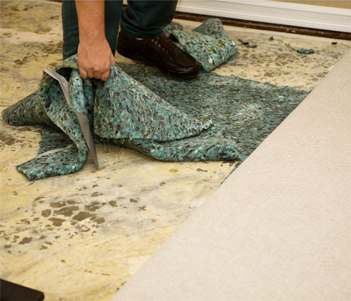 a person pulling up a water logged carpet from the floor
